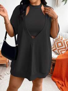 Calvaya Plus Size Solid Color Halter Top And Hollow Out Dress, Sexy 2pcs Set For Summer - Black - View 4