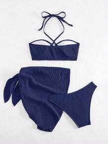 SHEIN Swim 女士夏季海灘純色交叉空心露背三角比基尼套裝，配有遮陽裙（度假風格） - 藏蓝色 - 查看 3