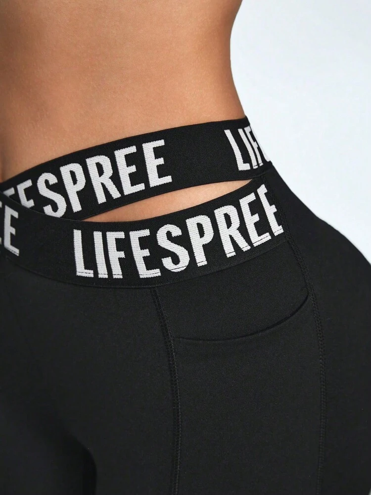 Women's High Waisted Sport Shorts With Pockets, Letter Print, Slim Fit For Cycling And Yoga, Can Be Worn As An Outer Garment