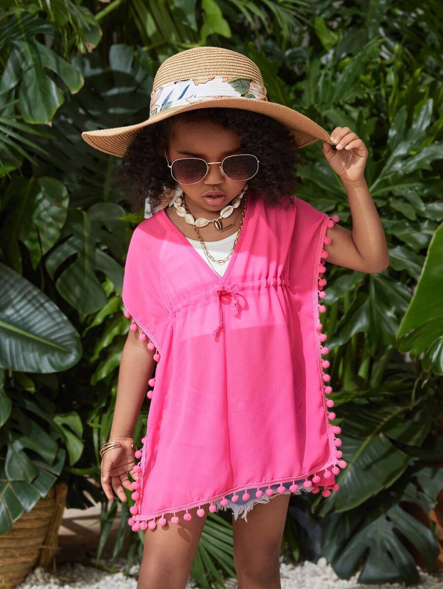 SHEIN Young Girl Woven Loose-Fit Fringed Casual Cover Up - Hot Pink - View 1