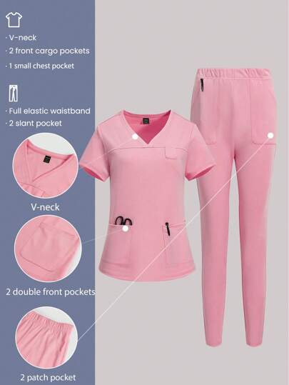 TaskEZ 纯色 V 领短袖上衣和口袋裤套装，适合制服手术服套装