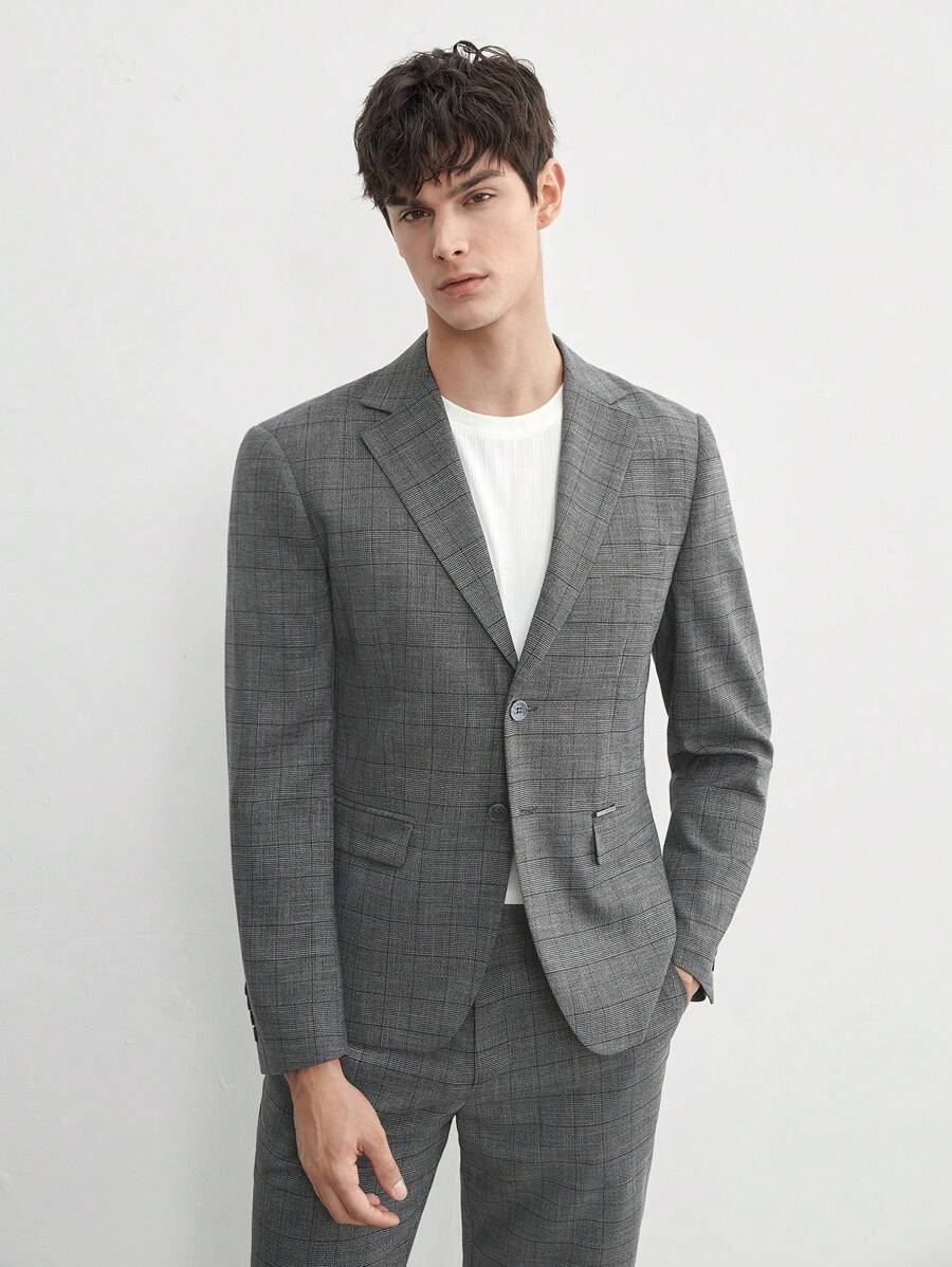AKNOTIC Business Casual Easy Care 2pcs/Set Men's Old Money Style Woven Plaid Suit Jacket And Tapered Suit Pants, Suitable For Spring And Summer - Grey - View 1