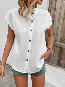 SHEIN Clasi Women's Solid Color Stand Collar Shirt,Short Sleeve Tops