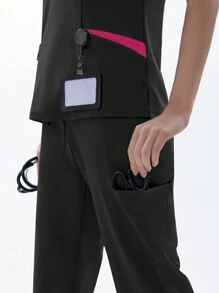 TaskEZ Women's Summer Scrub Uniforms Set, Matte Finish, 5 Pockets, Soft And Elastic, 2pcs - Black - View 9