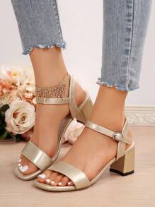 Sandalias de tacón Alto blancas, cómodas para mujeres, zapatos de boda, calzado de verano, tacones gruesos - Dorado - Ver 2