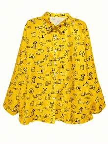 Plus Size Women Long Sleeve Shirt With Dog Pattern