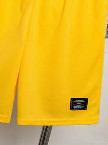 SHEIN Tween Boy Street Style Letter Printed Striped Crew Neck Short Sleeve T-Shirt And Solid Knit Shorts Two-Piece Casual Set - Yellow - View 7