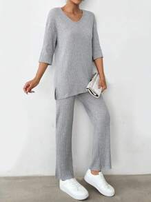 EURMUSE Women's V-Neck Ribbed Pit Strip T-Shirt And Long Pants Two-Piece Set - Grey - View 6