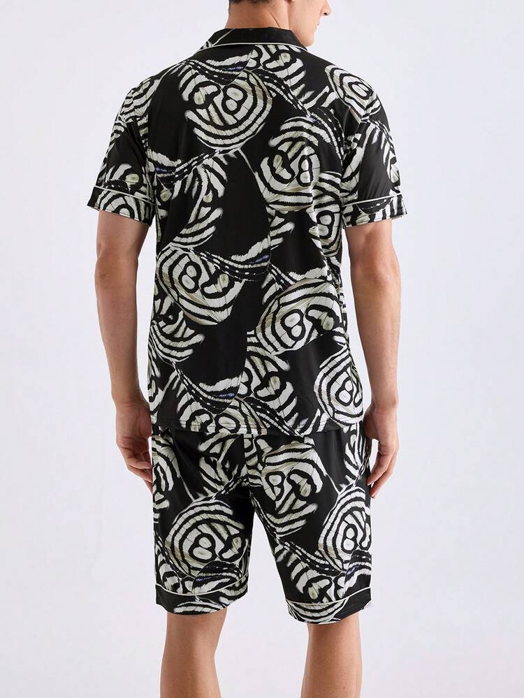 Men's All Over Print Short Sleeve And Shorts Homewear Set, Summer