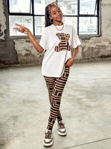 SHEIN Leap Crew Teen Girl White Khaki Bear Printed Geometric Casual T-Shirt And Leggings Casual 2pcs Set - White - View 5