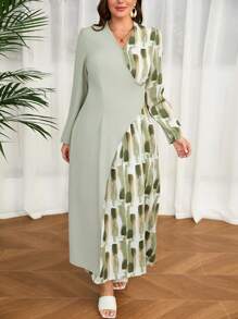 Modelyn Plus Size Elegant Printed Splicing Wrap Dress, Spring/Summer Long Evening Dresses - Green - View 5