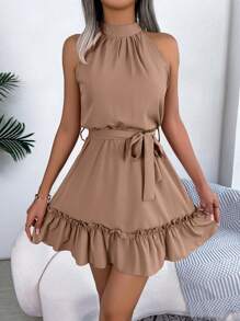 New Spring/Summer Solid Color Sleeveless Cinched Waist Frill Trim Casual Dress - Khaki - View 1