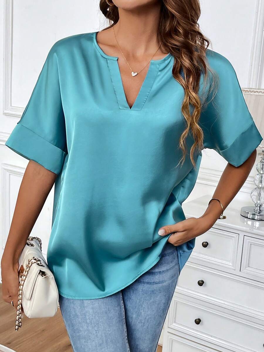 SHEIN ChicEase 女性純色簡約V領日常襯衫 - 藍色 - 查看 1