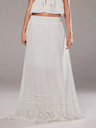 Aloruh Women's White Casual Ruffle Hem Skirt
