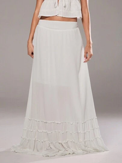 Aloruh Falda blanca informal de mujer con dobladillo de volantes