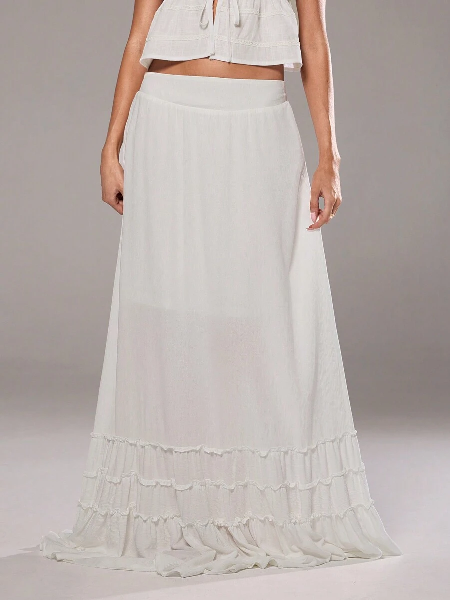 Aloruh Women's White Casual Ruffle Hem Skirt - White - View 1