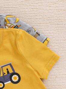SHEIN 4pcs Baby Boy Snug Fit Alphabet & Excavator Pattern Round Neck Short Sleeve T-Shirt And Shorts Set