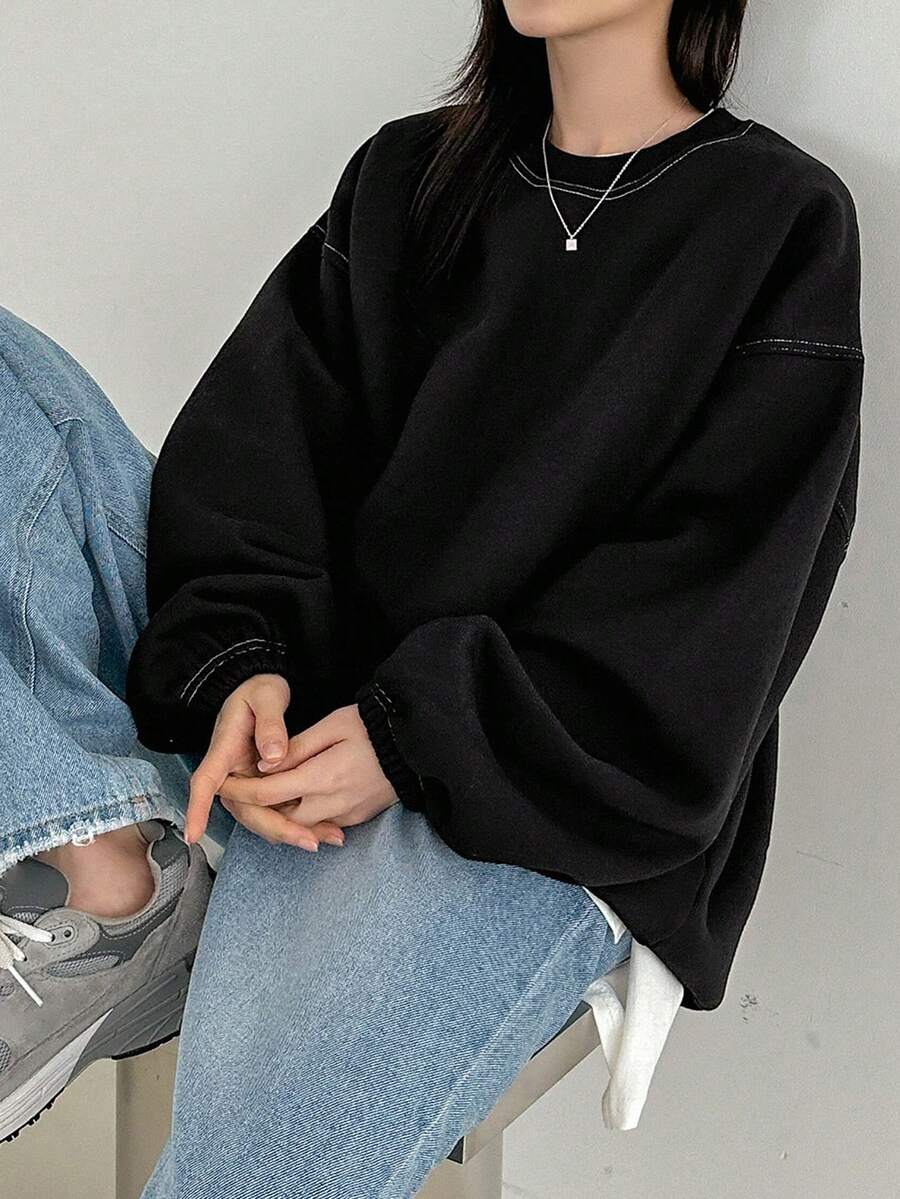 DAZY Women's Drop Shoulder Sweatshirt With Exposed Seams - Black - View 1