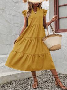 EMERY ROSE 女式宽松休闲夏季连衣裙，V 形缺口和荷叶边细节，长款女装