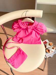 SHEIN 女婴休闲纯色彼得潘领泡泡袖衬衫和短裤套装 - 粉色 - 查看 3