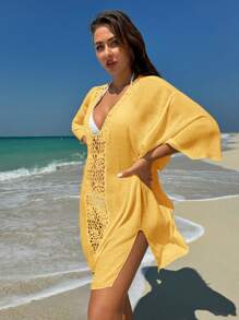 Summer Solid Color Hollow Out Patchwork Side Slit Beach Cover-Up - Yellow - View 3