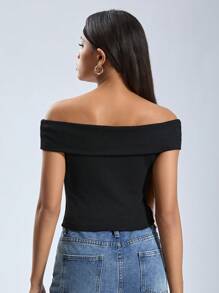 SHEIN Teen Girl Black Off Shoulder Tight Knit Ribbed Top T-Shirt