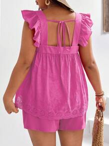 SHEIN Frenchy Summer Music Festival Bridgerton Red Doll Shirt Embroidered Fabric Plus Size 2-Piece Set - Hot Pink - View 2