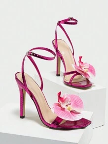 女士高跟春夏户外晚装时尚细高跟方头闪亮金属蛇纹印花抢眼兰花性感系带优雅凉鞋情人节 - 玫紅色 - 查看 3