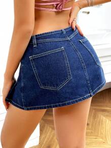 SHEIN ICON 女式純色褶皺釦子牛仔裙，夏季休閒風格 - 藍色 - 查看 7