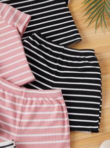 SHEIN Baby Girls' Casual Knitted Striped Short Sleeve Homewear Set - Multicolor - View 4