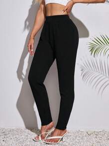 SHEIN Tall Women's High-Waisted Black Pants With Pleats And Tight Fit Pockets - Black - View 3