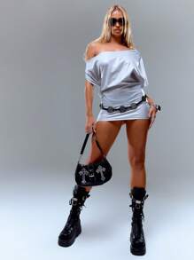 MUSERA Metallic Sheer Off Shoulder Mini Dress Spring Sexy Cute Summer