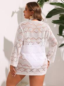 SHEIN Swim Curve Plus Size Summer Beach Solid Color Hollow Knitted Kimono - White - View 2