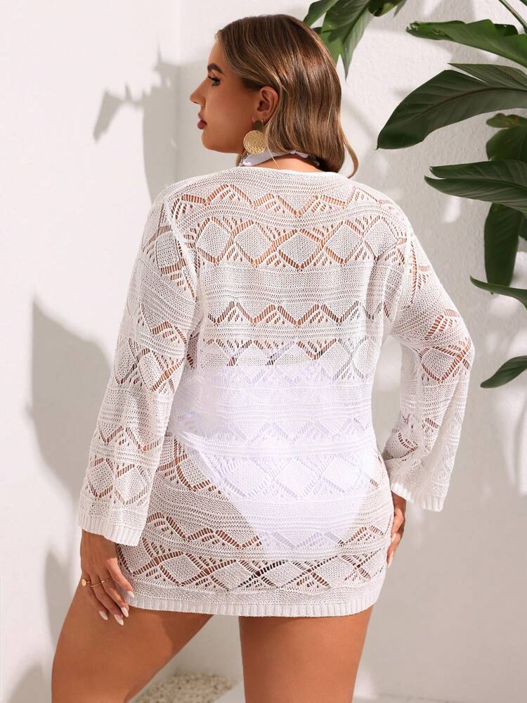 Plus Size Summer Beach Solid Color Hollow Knitted Kimono