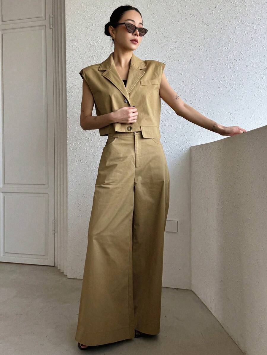 DAZY Solid Color Lapel Collar Cap Sleeve Top And Wide-Leg Pants Suit For Women Work Women Clothes, Back To School Clothes Business Attire