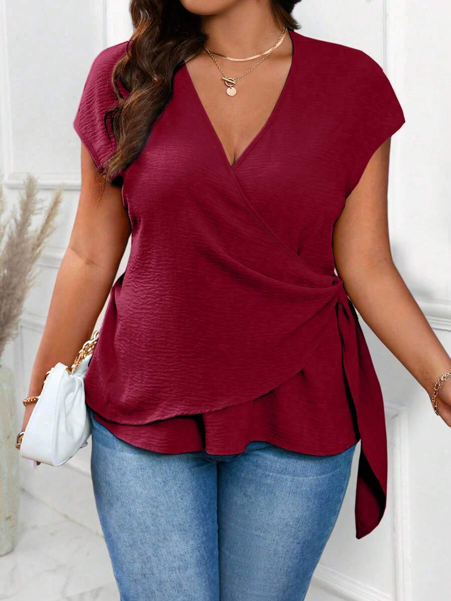 EMERY ROSE Plus Size Women's Fashionable Solid Color Casual V-Neck Blouse - Burgundy - View 1