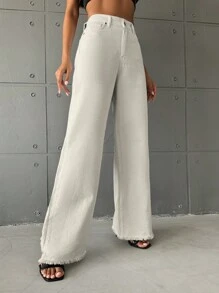EURMUSE Raw Hem Wide Leg Jeans - Beige - View 3