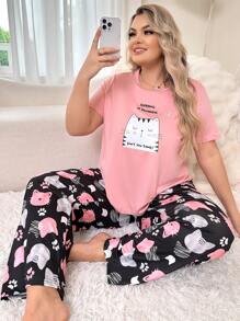 SweetSlumber Cute Cat Printed Short Sleeve Long Pants Pajamas Set - Baby Pink - View 1