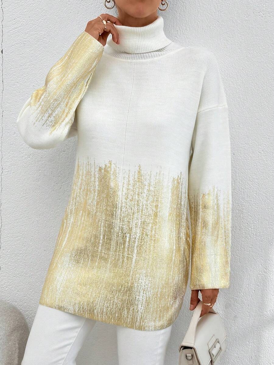 EURMUSE Round Neck Long Sleeve Metallic Coat Sweater - White - View 1