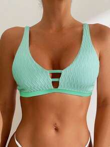 SHEIN Swim Summer Beach Pool Solid Color Textured Deep V Bikini Top - Mint Green - View 3