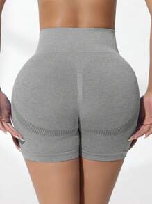 Easithlete Quần short thể thao liền mạch cạp cao màu trơn, quần short nỉ mùa hè cho nữ, quần short tập gym, quần short đi xe đạp - Xám - Xem 5