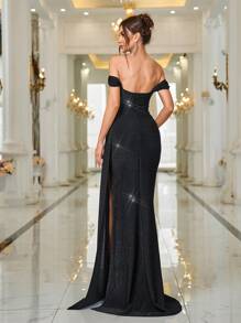 Zolique Vestido largo para mujer con escote de una línea, sin tirantes, de manga larga, talle alto, con abertura con cinta, para invitada de boda, verano, maxi, para fiestas, ropa de fiesta con detalles metálicos - Negro - Ver 2