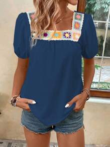 Breezaya Modische Damen Bluse mit floralen Muster, kurzem Ärmel und quadratischem Ausschnitt