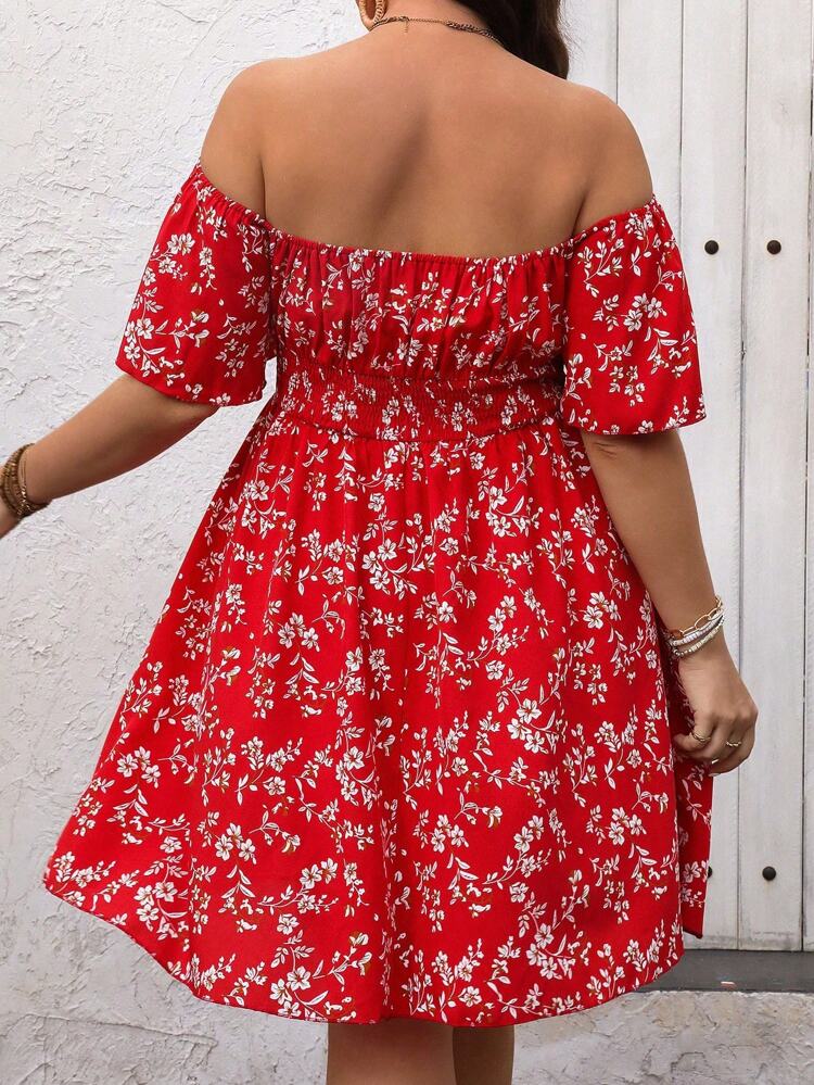 Floral Open Shoulder Pleated Waist Dress