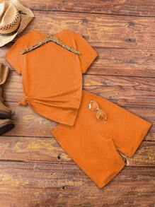 Zolique 夏季時尚純色破洞蝙蝠袖T恤和短褲套裝