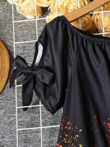 SHEIN SXY Vestido de moda de verano para mujer con estampado de graffiti y línea A con hombros descubiertos - Negro - Ver 4