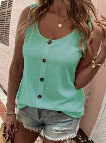 INAWLY 新款大尺碼夏季時尚圓領無袖上衣，帶按鈕裝飾 - 薄荷綠 - 查看 3