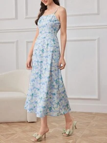 Seusyu Ladies' Solid Color Sheer Outerwear And Printed Dress, Simple Everyday 2-Piece Set - Blue - View 8