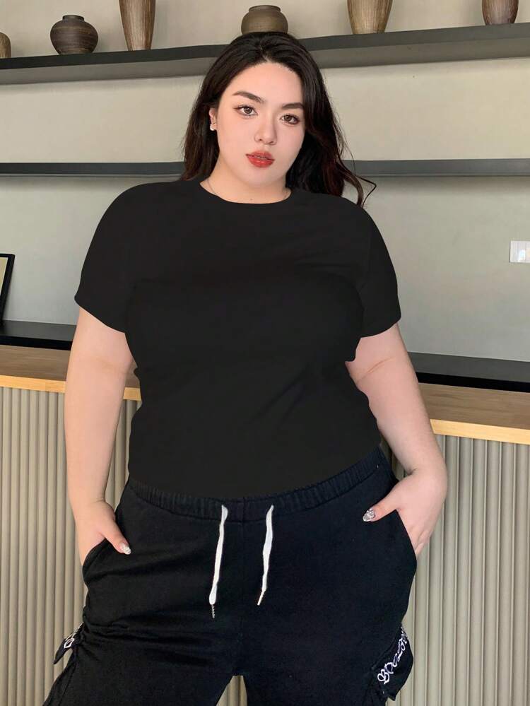 Dazy Plus Plus Size Solid Basic Round Neck T-Shirt Summer Preppy Tops