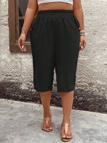 Breezaya Pantalones capri de verano con cintura elástica para mujeres de talla grande - Negro - Ver 4